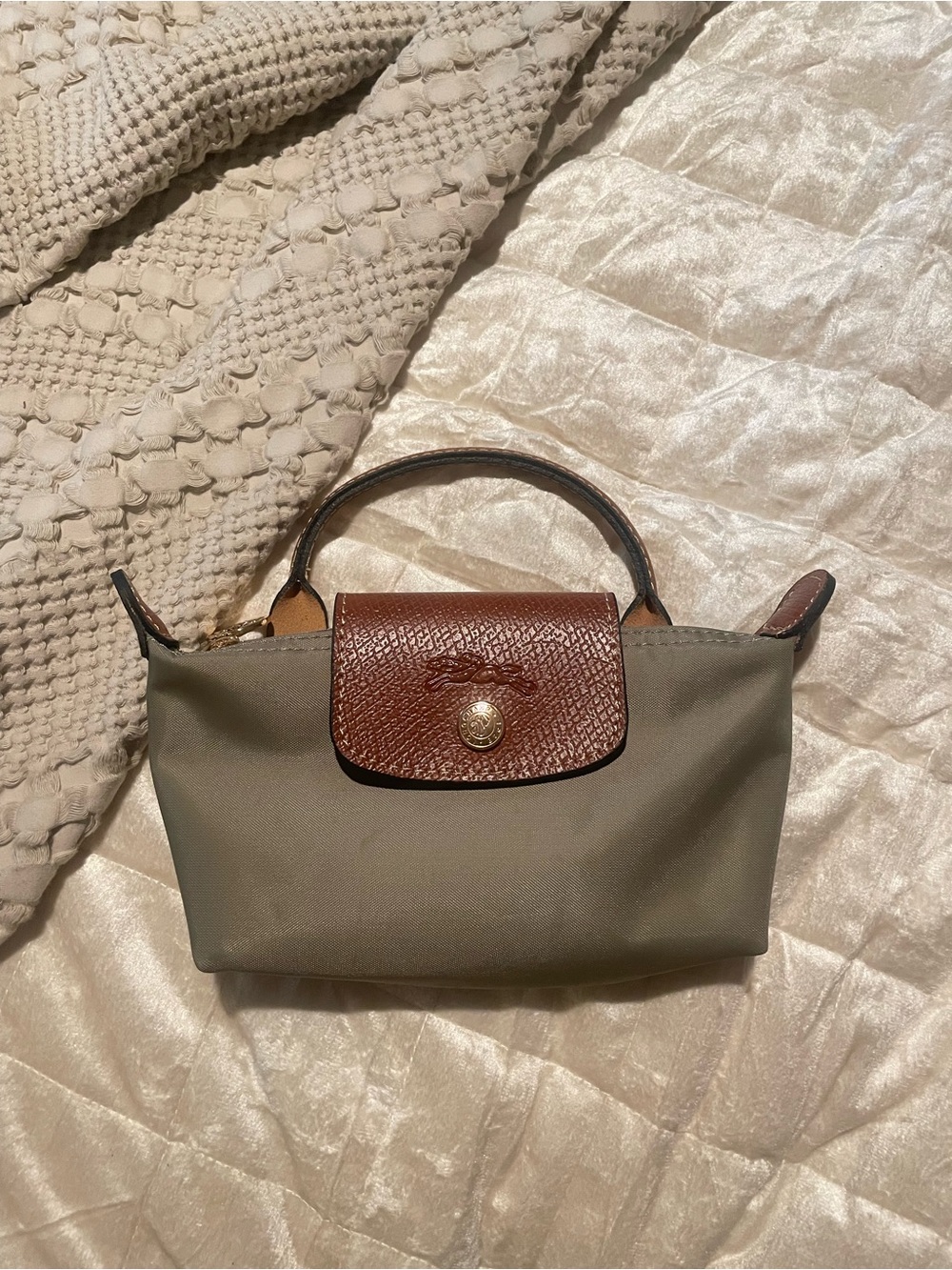 Longchamp Mini Top-Handle Bag in Grey with Brown Leather Flap